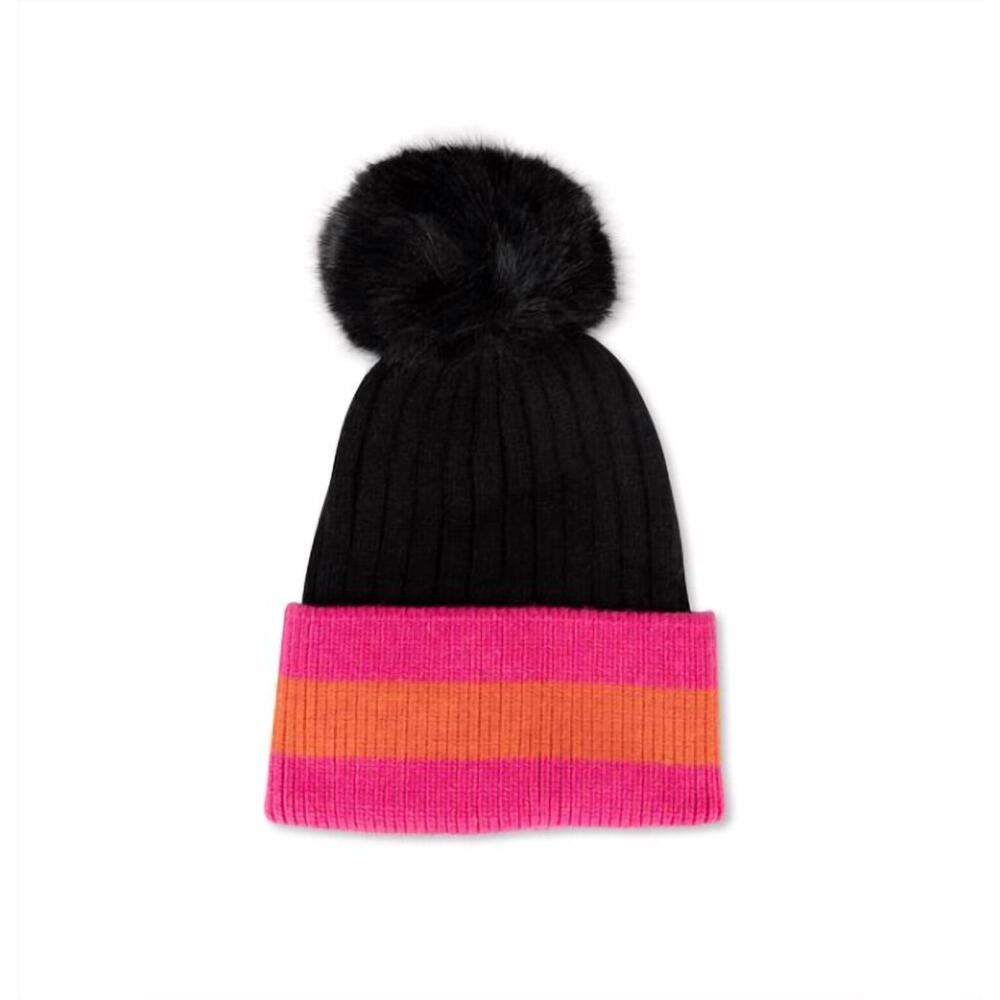 NEW HAUTE SHORE kids striped hat faux pom pom in rave